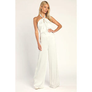 Lulus Adoring Angel Ivory Satin Wide-leg Halter Jumpsuit White - Size S